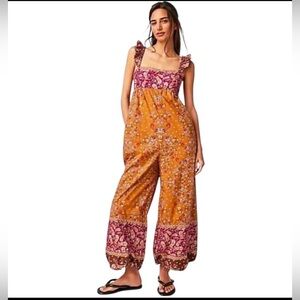 NWOT FREE PEOPLE Bali Albright Jumpsuit Gold Combo Paisley Boho Size Med